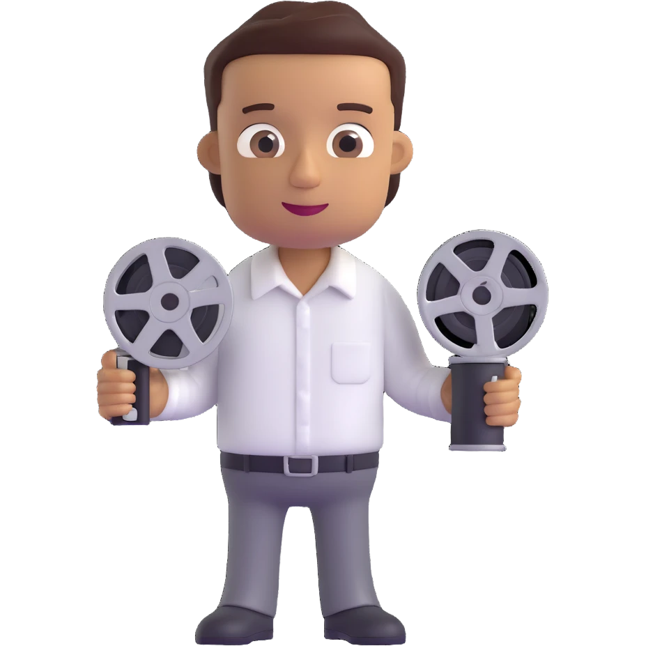 Make the character's skin tone lighter while keeping the same 3D cartoon style. Keep the film reel and white shirt unchanged. Preserve the transparent background. emoji