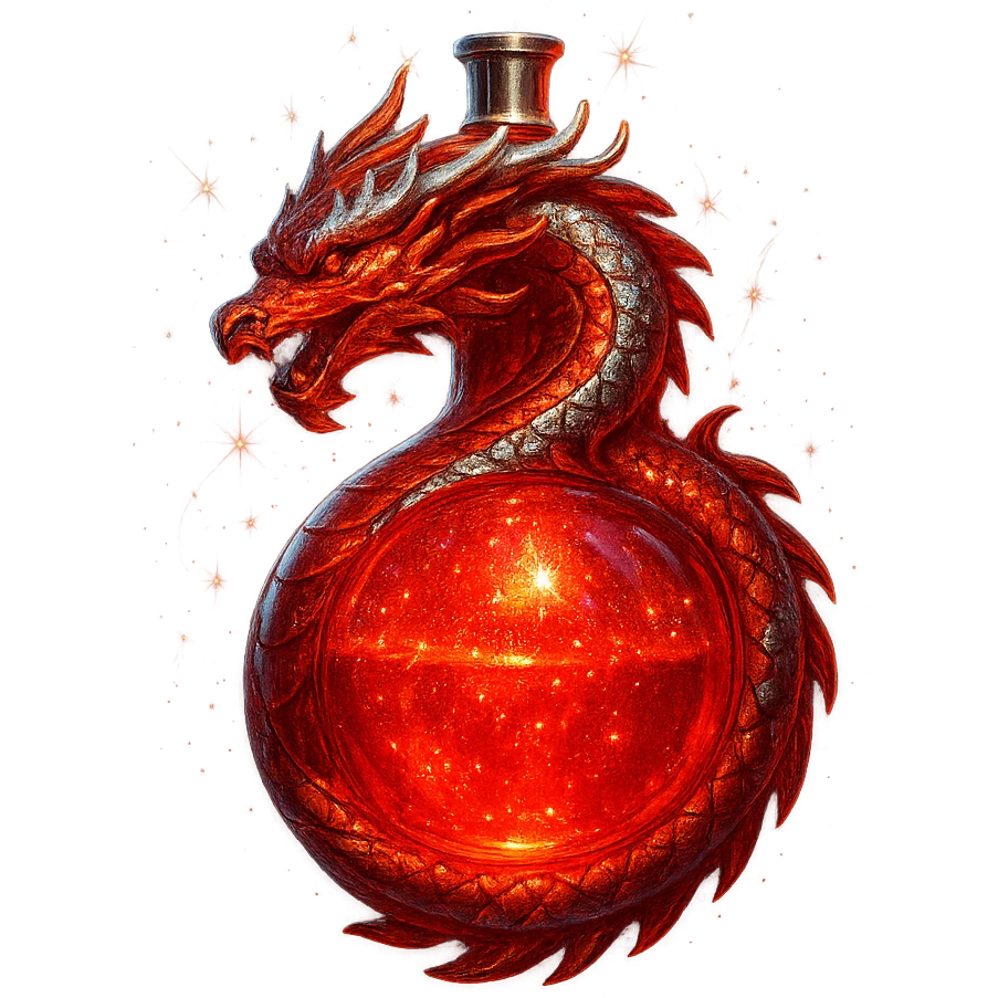 dragon-shaped luxurious elixir bottle, all vibrant red, iridescent and silver details, very small neck, seamless bottom, transparent background, floating, no base or shadow, modern, matching a collection, extra intense magical glowing and sparkling effects emoji