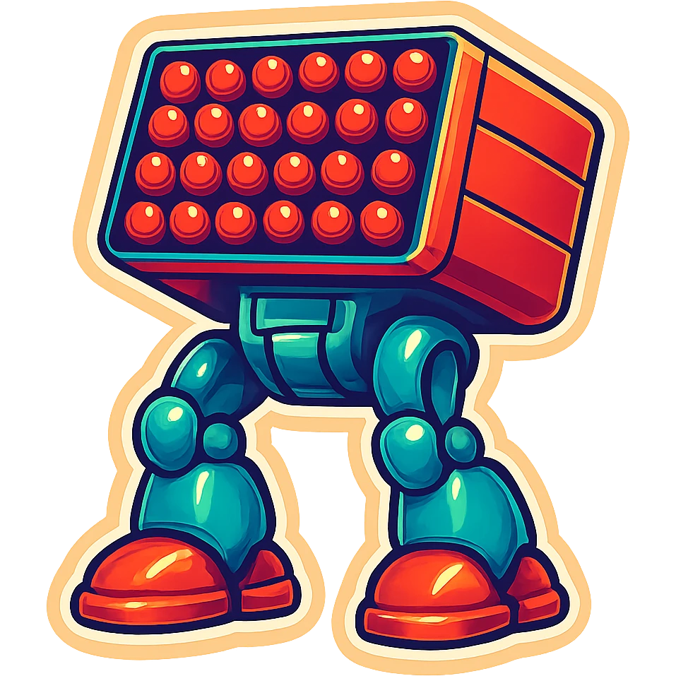 a 6x8 missile battery attached to robot legs emoji