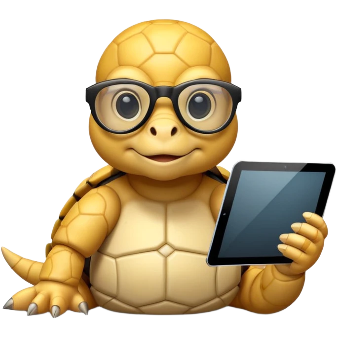 yellow tortoise with digital glasses and a tablet, ai style emoji