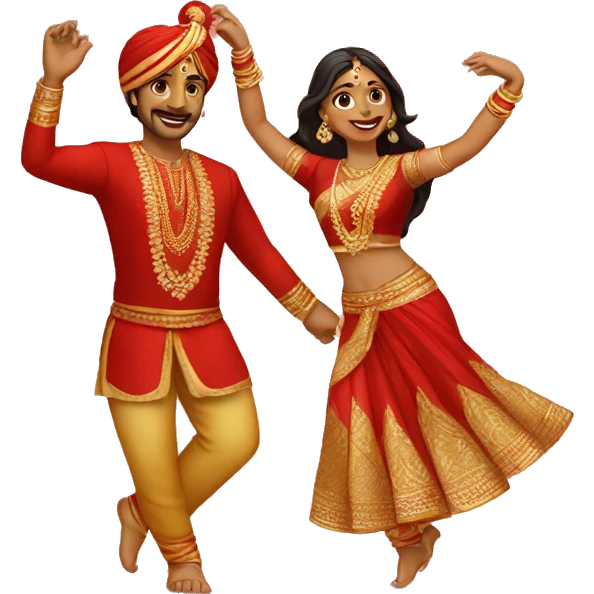 Indian couple in red and gold outfits dancing emoji
