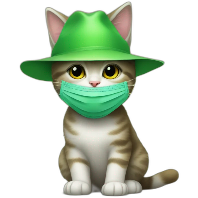 kitten wearing a stanley ipkiss green face mask and wearing a yellow hat from the film the mask emoji