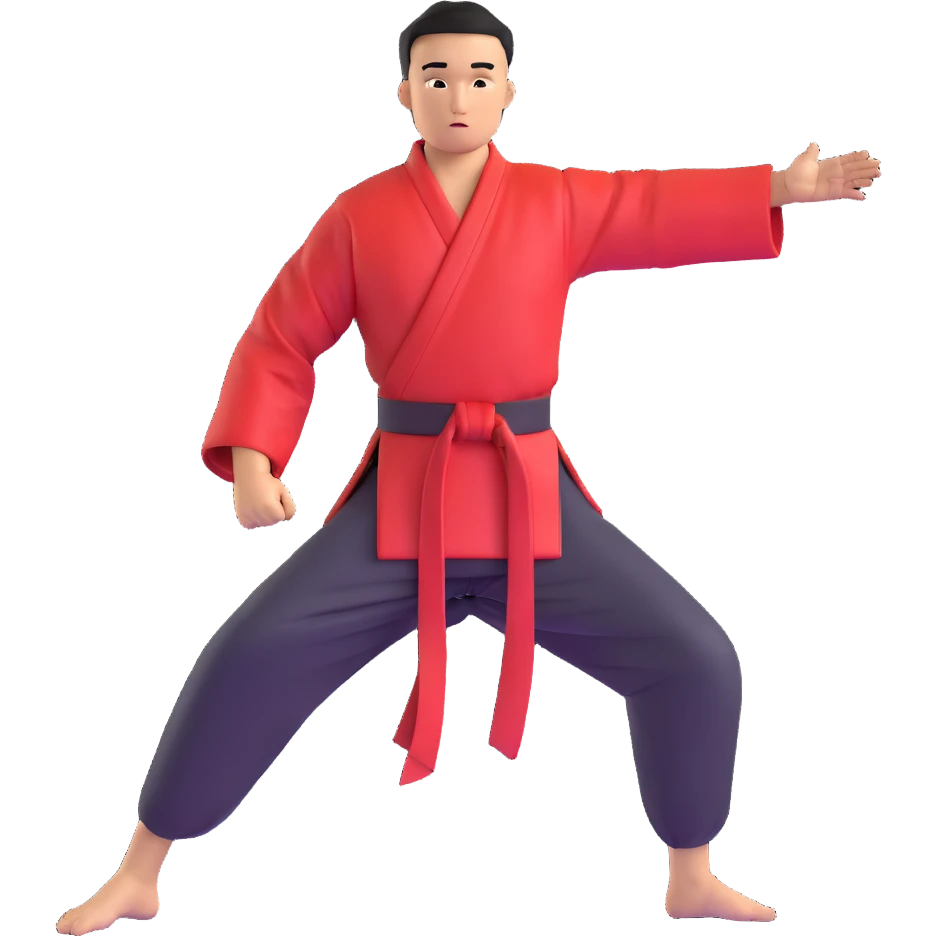 Martial artist in dynamic kung fu pose, wearing traditional loose outfit with sash emoji