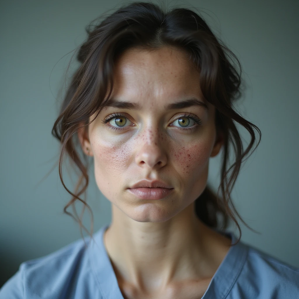 realistic woman with PCOS (polycystic ovary syndrome), face with mild acne, slightly thinning hair, serious expression, hyperrealistic 4K details, clinical environment emoji