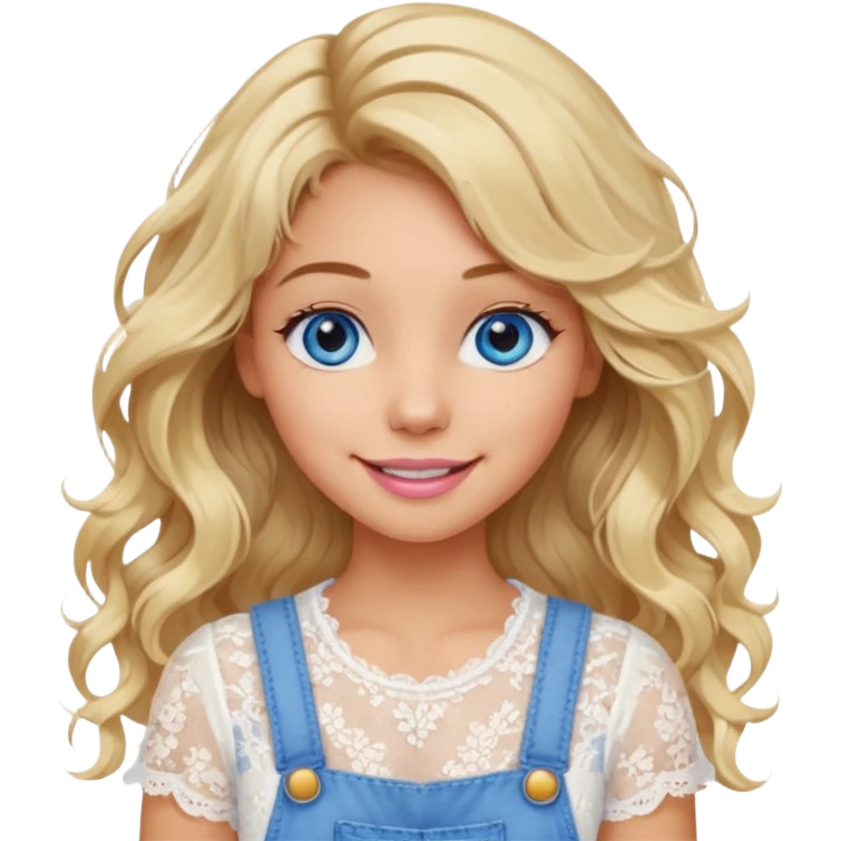 create an emoji of a young woman. She has a gentle look, with long blonde messy but wavy hair, blue eyes, tanned skin, natural soft pink lips. she wears a very white lacy top with an overall emoji