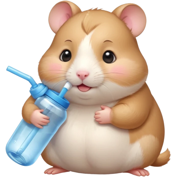 Cute chubby cartoon-style hamster hugging an oversized water bottle, sipping with tiny straw, happy expression. Painterly shading, expressive eyes, white background, sticker-style illustration emoji