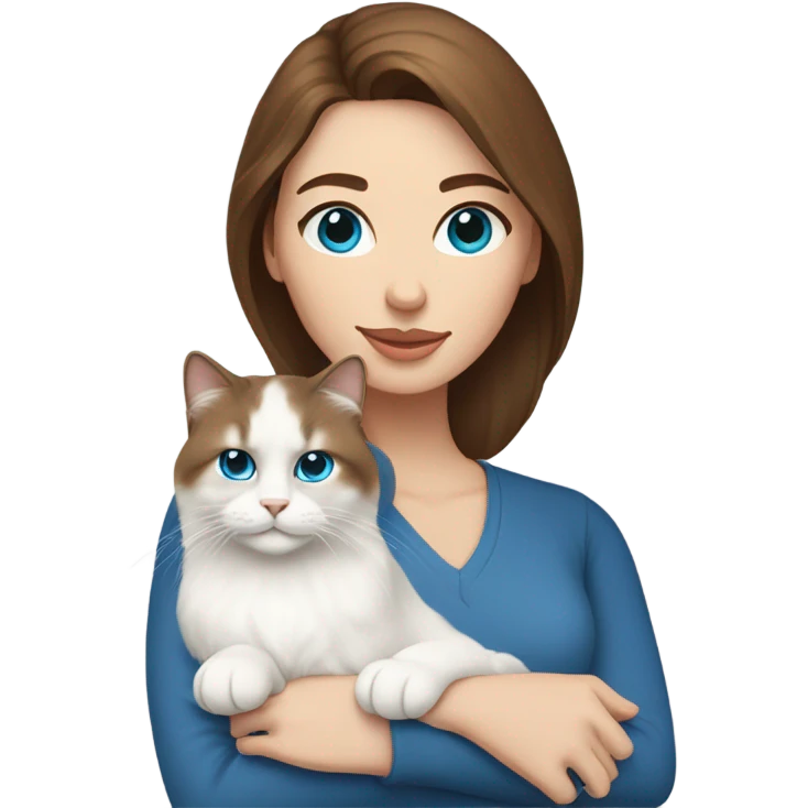 woman with brown hair and holding a all white Siberian cat with blue eyes emoji