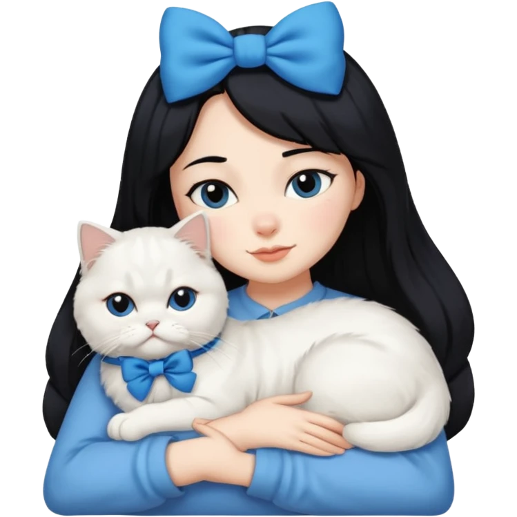 black hair woman snuggling white Persian cat with a blue bow emoji