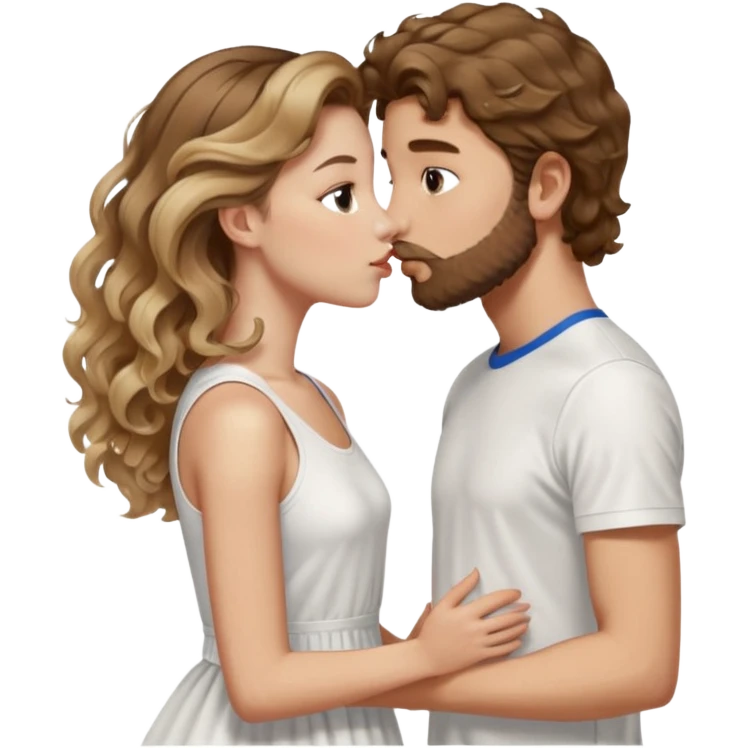 A girl with very long  balayage brown & blond curls kissing a boy with brown hair and a sort beard. She wears a dress white and he wears a wihite sports shirt from nike emoji