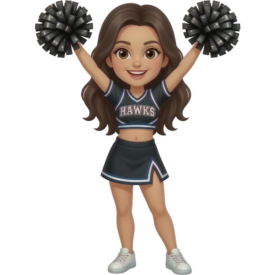 Cheerleader with long dark brown hair. Cheerleader has hazel brown eyes, cheerleader is wearing a black cheer uniform and a black cheerleading skirt. She has black sparkly Pom Pom’s and white shoes. Text on the shirt says HAWKS. Her arms need to be cheering with the pompoms emoji