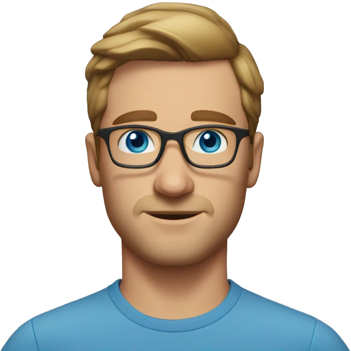 A head and shoulders shot of a 35 year old white man, with short brown hair, with none facial hair,  wearing glasses with blue eyes wearing a t-shirt. emoji