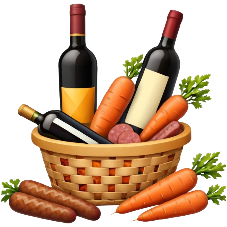 a basket filled with carrots, a bottle of wine, sausages, and a cheese, all visible and arranged together, emoji style emoji