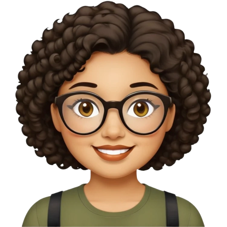 Woman in her 20s with caramel skin tone. Cheerful round face with chubby cheeks. Brown eyes behind thick black glasses. Voluminous short curly hair. Wide smile with dimples. Wearing olive green shirt with wide straps. emoji