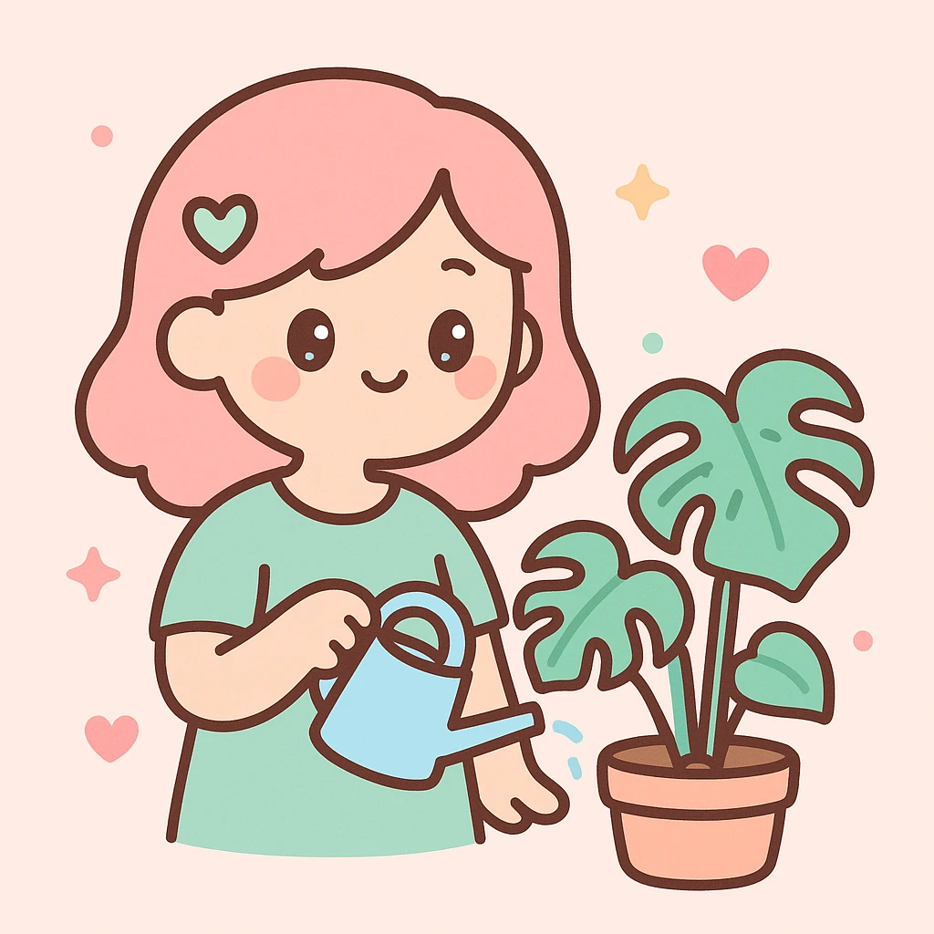 woman watering her monstera plant emoji