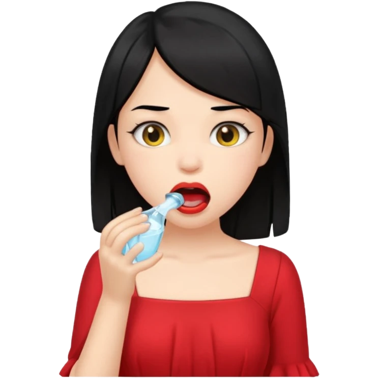 a girl with black hair and red dress rinsing mouth with pale yellow water coming out from a banana above her head emoji