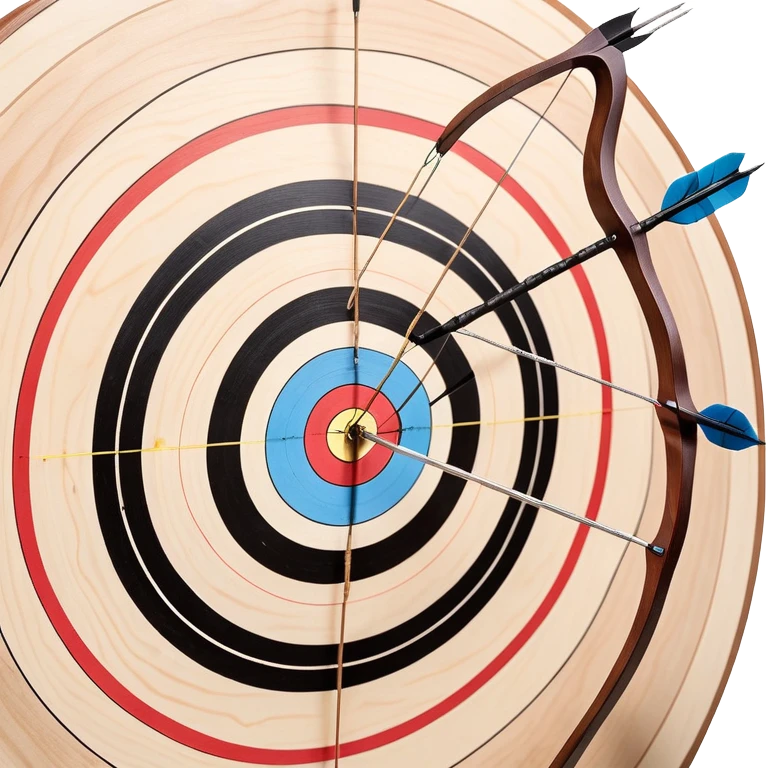 A professional recurve bow with an arrow nocked, ready to be released. The target features concentric rings, placed at a distance. The emphasis is on the bow, arrow, and target, highlighting the precision, focus, and skill involved in competitive archery. emoji