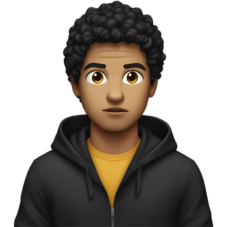 a young male with medium skin and curly black hair, wearing a black hoodie, angry expression  emoji