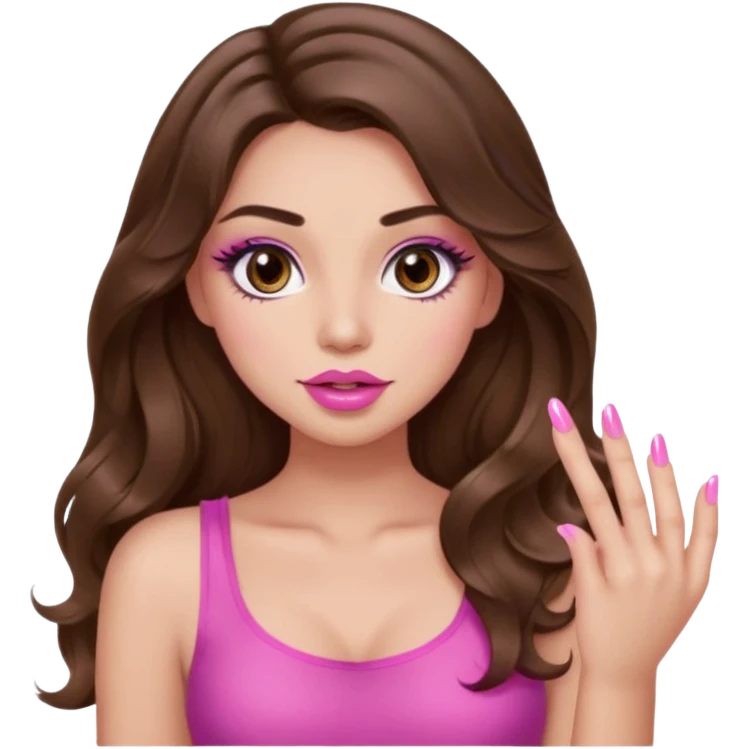 girl with long wavy brown hair, brown eyes, light to medium complexion, in a pink sexy top, pink puckered lips, long lashes, showing a manicure emoji