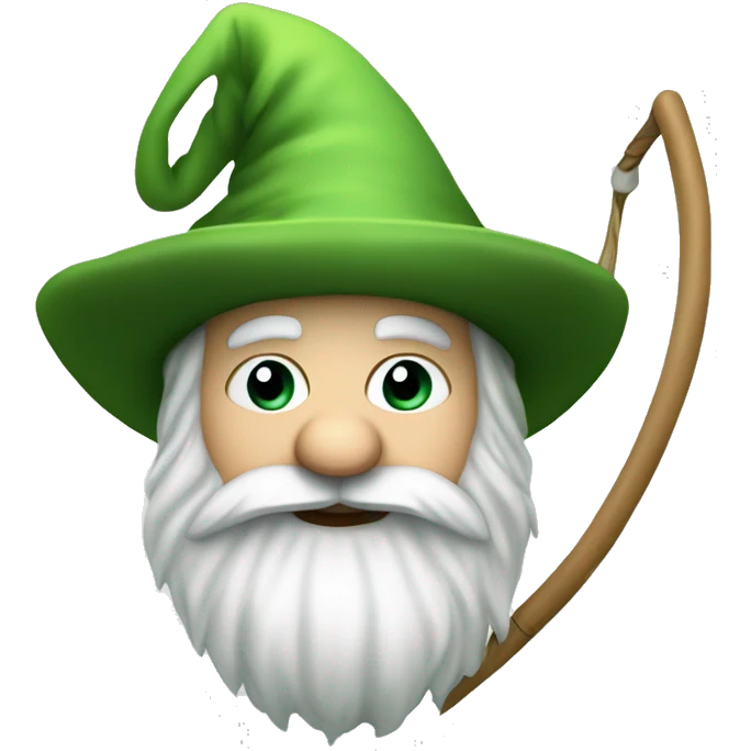 a green gnome with a white beard a green hat and a landing net in the left hand emoji