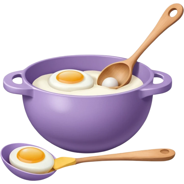 a lilac ceramic mixing bowl with a wooden spoon stirring and sitting next to it is a dozen eggs with the carton lid open emoji
