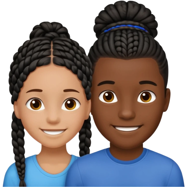 Dark black girl with black braids, smiling, and tan white boy with straight brown hair emoji