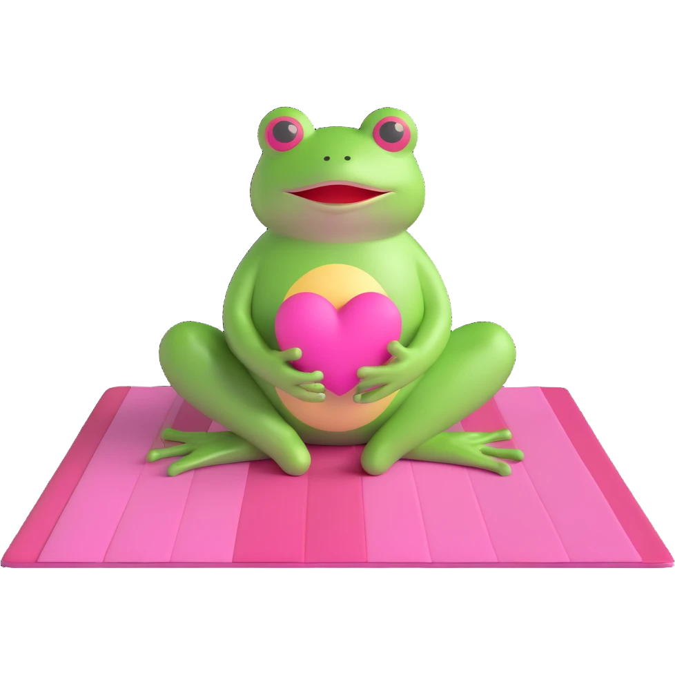 A 3D emoji of a frog meditating on a pink mat with a heart above its head, surrounded by stars, in the style of iOS 18 emojis. emoji