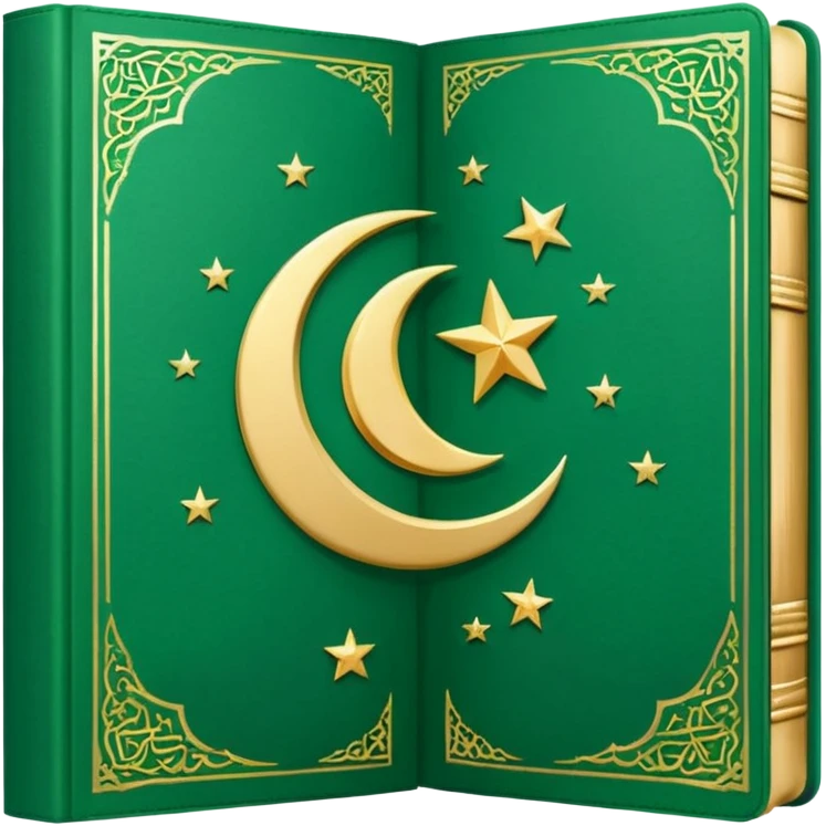 Closed Quran with the Islamic Symbol on it (moon and star) green from left to right emoji