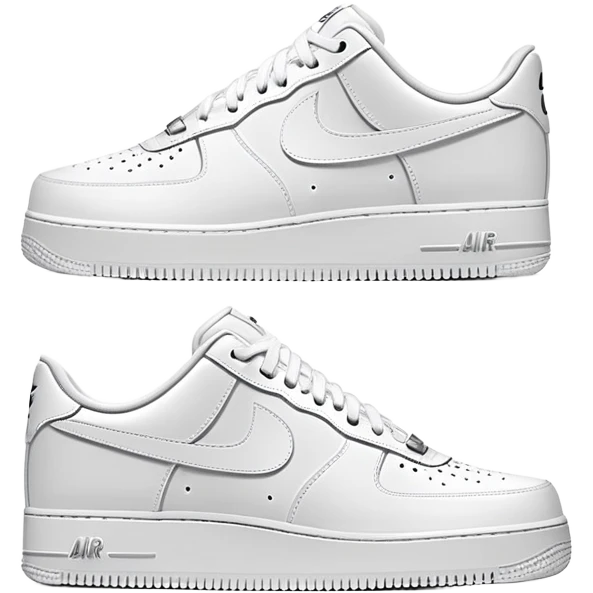 Pair of white Nike Air Force 1 sneakers, one showing the side profile and one showing the front emoji