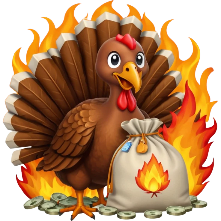 Can you create a turkey warming up a bag of money by a fire emoji