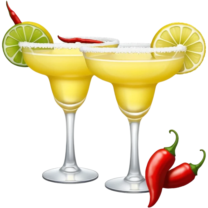 2 margarita cocktails. one is the classic margarita: yellowy with salt on the rim and a lemon. the other one is a spicy margarita: slightly more red color with a small red chili pepper instead of a lemon on the rim  emoji
