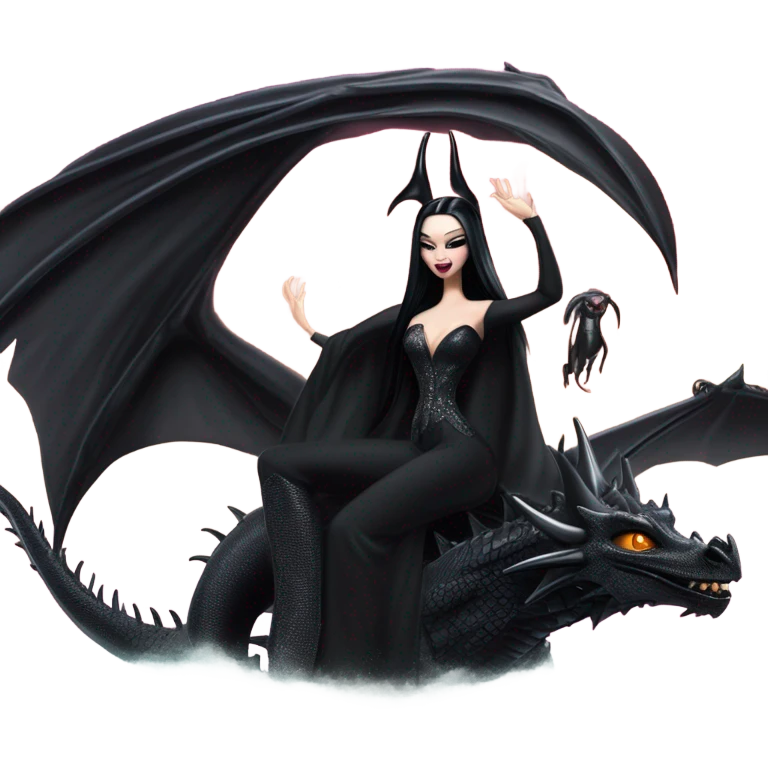 empowered and glamorously  dressed teen Morticia Addams Malibu Beach Barbie Jedi flying/riding on the back of a very large black shiny evil-looking fire-spewing horned dragon. proper scale emoji
