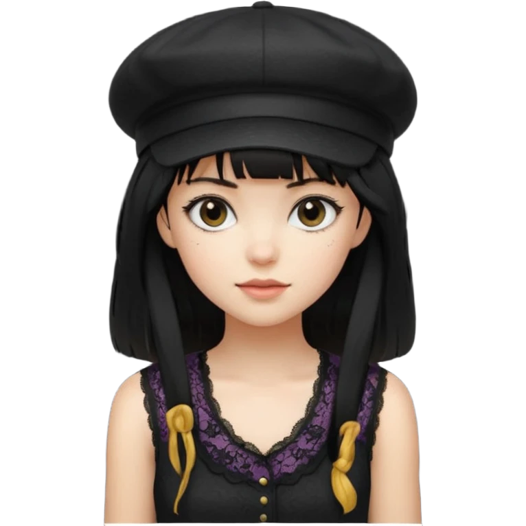 pinterst girl with heavy bang, black long hair and black color newsboy cap on her hat, wearing black color lace sleeveless  emoji