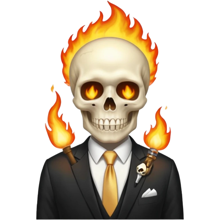 aesthetic shiny glowing divine lighting - Megadeth icon - a politician in an ivory ethereal suit wears a white tie, has a skull instead of a head, and instead of glasses, burns in fire emoji