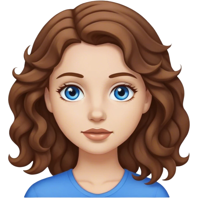 White girl with brown hair wavy curtain bags, blue eyes,  emoji