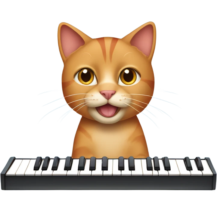 tan-red cat wearing a light-blue t-shirt taps musical keyboard emoji