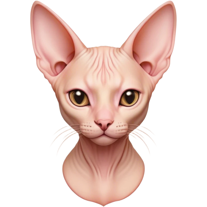 Cinematic Noble Sphynx Cat Portrait Emoji, Poised and regal, with smooth, hairless skin in warm peach and soft pink tones, striking large ears and intense almond-shaped eyes, Simplified yet sharp and sophisticated features, highly detailed, glowing with a soft, dignified glow, high shine, intelligent and graceful, stylized with an air of elegance, focused and attentive, soft glowing outline, capturing the essence of a watchful and refined feline, so majestic it feels as though it could glide across the screen with effortless confidence! emoji