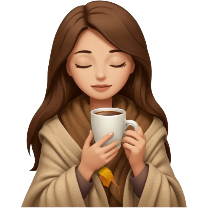 long brown hair woman closed eyes hiding under a cozy wool beige blanket, holding cup of coffee, autumn mood emoji