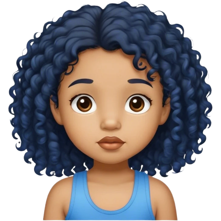 light brown skin tone, very adorable toddler, with big plump lips, long long lashes, black curly hair, middle hair parting, brown eyes, blue tank top emoji