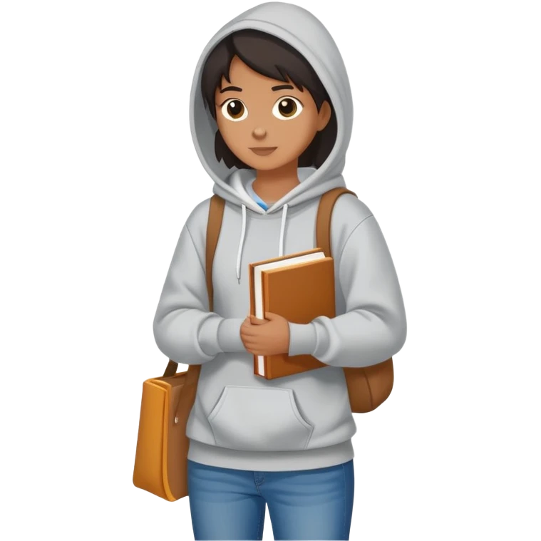 A flat-style illustration of a college student casually with a tote bag over the shoulder and a book in one hand. The student wears a hoodie, jeans, and sneakers. Clean cartoon style, white background, iOS emoji aesthetic. emoji