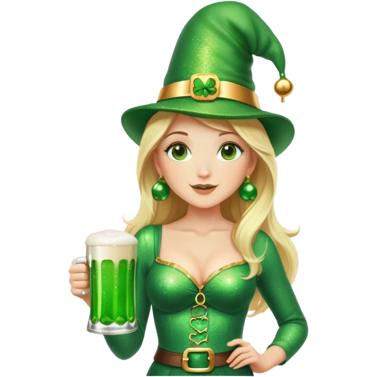 Blonde haired pretty woman in glittery green bell bottoms and tall leprechaun hat holding a green beer emoji