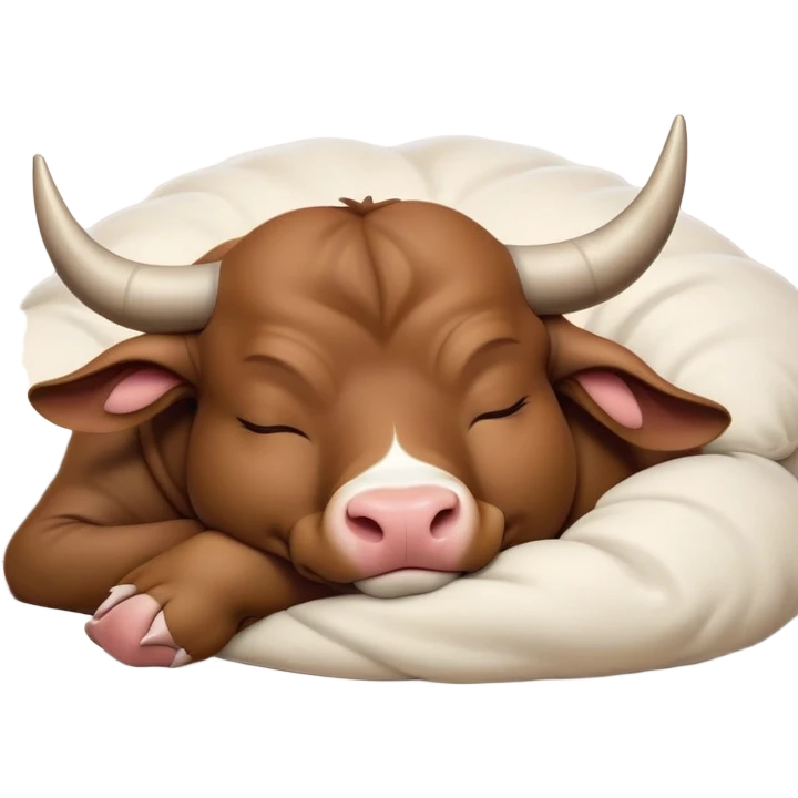 meme-worthy-cute-sleeping-domestic-bull-portrait-emoji,-head-resting-peacefully-with-a-contented-smile,-showcasing-a-robust,-muscular-build-and-a-luxuriously-soft-coat,-eyes-gently-closed-in-serene,-restful-slumber,-simplified,-solid-brown emoji