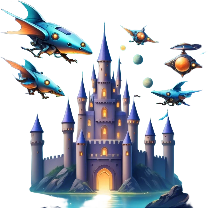 Icon for Fantasy and Sci-Fi Movies: A magical collage with flying dragons. futuristic spaceships and UFOs. Stars and planets shimmer in the background with a mystical castle Hogvards an ancient wizard and robots. The atmosphere is epic, otherworldly and adventurous. Transparent background. emoji