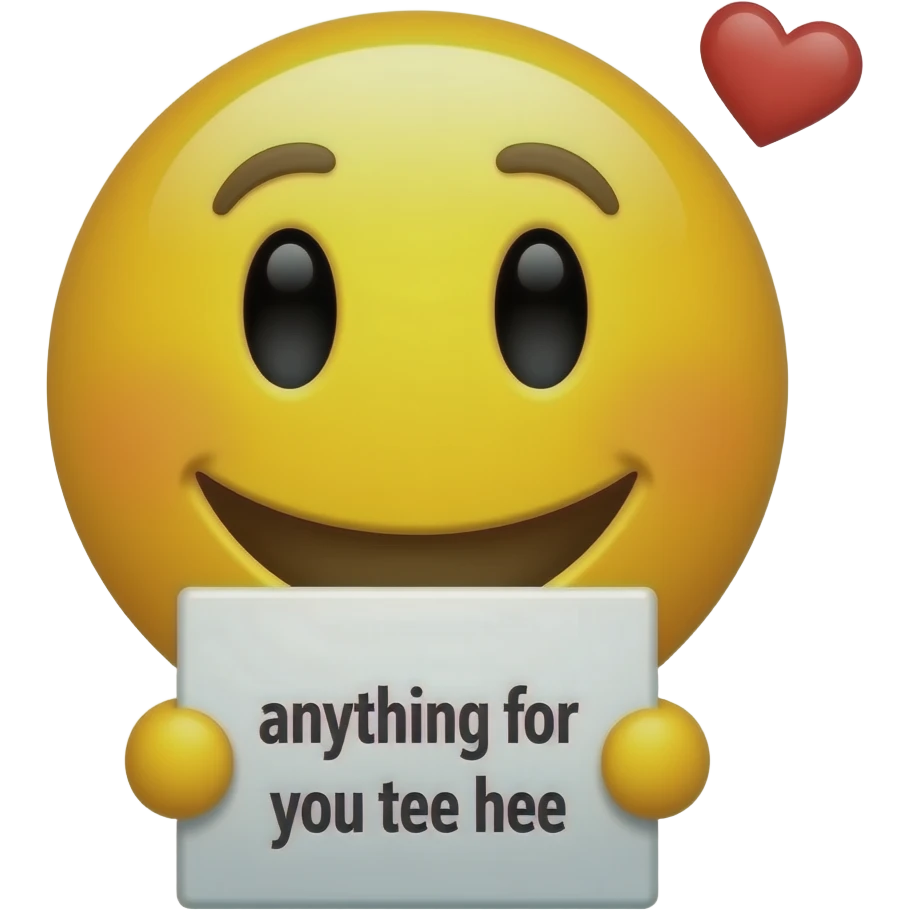 Yellow smiley in love holding up a sign sign that says "anything for you tee hee" emoji