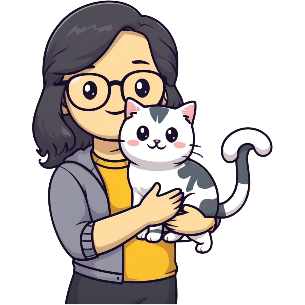 Young woman with warm yellow skin tone, oval face, long black wavy hair, thin-framed glasses, smiling while holding a grayish-white Munchkin cat with short legs and gray marking under its mouth emoji