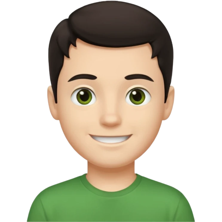 Um rapaz branco de olhos e cabelos escuros e camiseta verde emoji