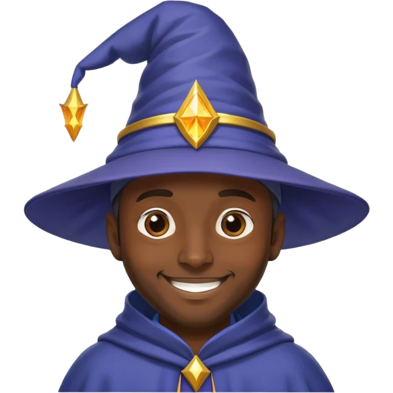 smiling dark-skinned male portrait with wizard hat emoji