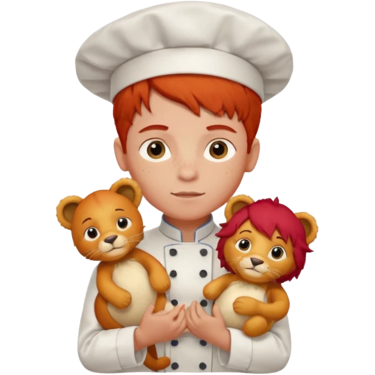 boy kid italian chef, red haired, uniform, holding plush lion emoji
