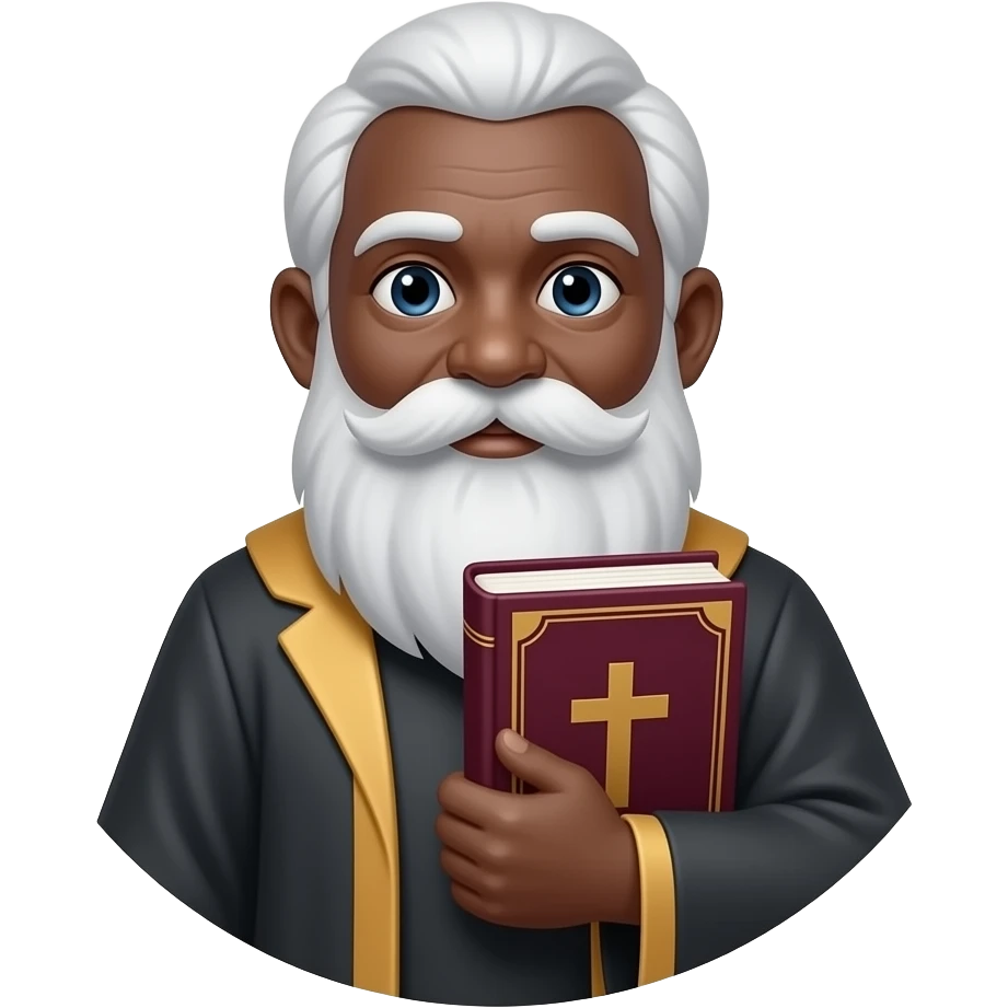 wise old man with greying white hair white beard robe black skin with burgundy book that has a cross on it no circle emoji
