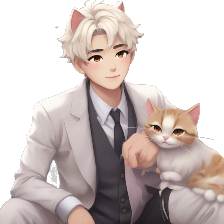 Gorgeous romantic anime style Asian formal modern gentlemanly guy with cat ears and flowers and blushing face aesthetic trending style outside emoji