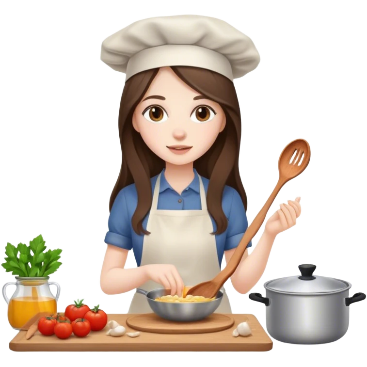 beautiful pale brunette girl with long hair cooking emoji